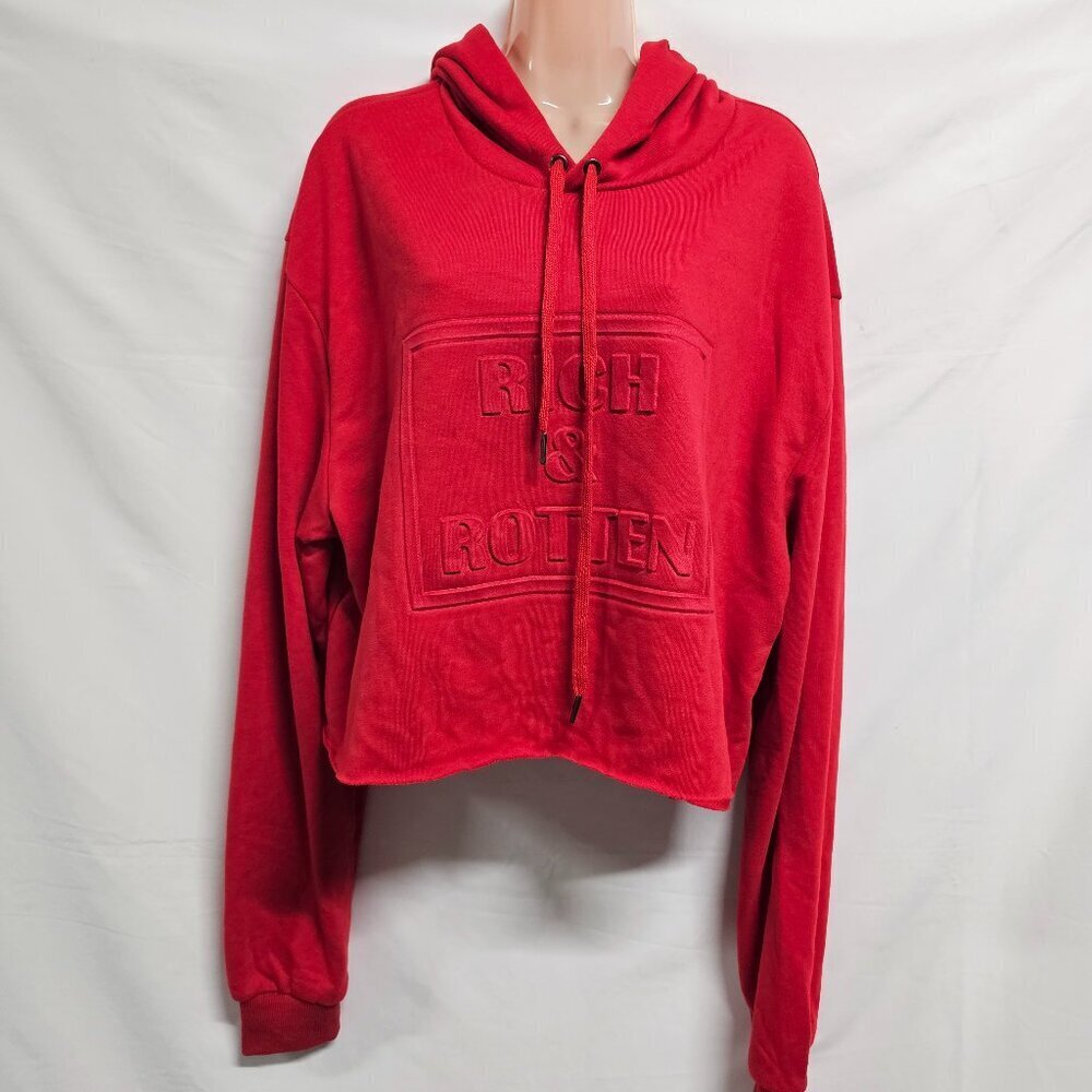 Rich & Rotten Women Crop Pullover Hoodie Sweatshirt Size XXXL Red Raw Hem